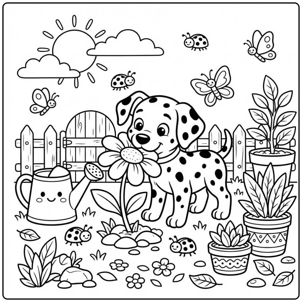 Cheerful Dalmatian in the Garden with a Watering Can coloring page