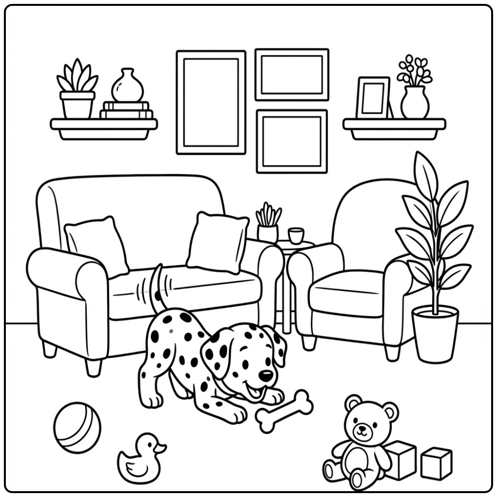 Cheerful Dalmatian with a Bone and Many Toys coloring page
