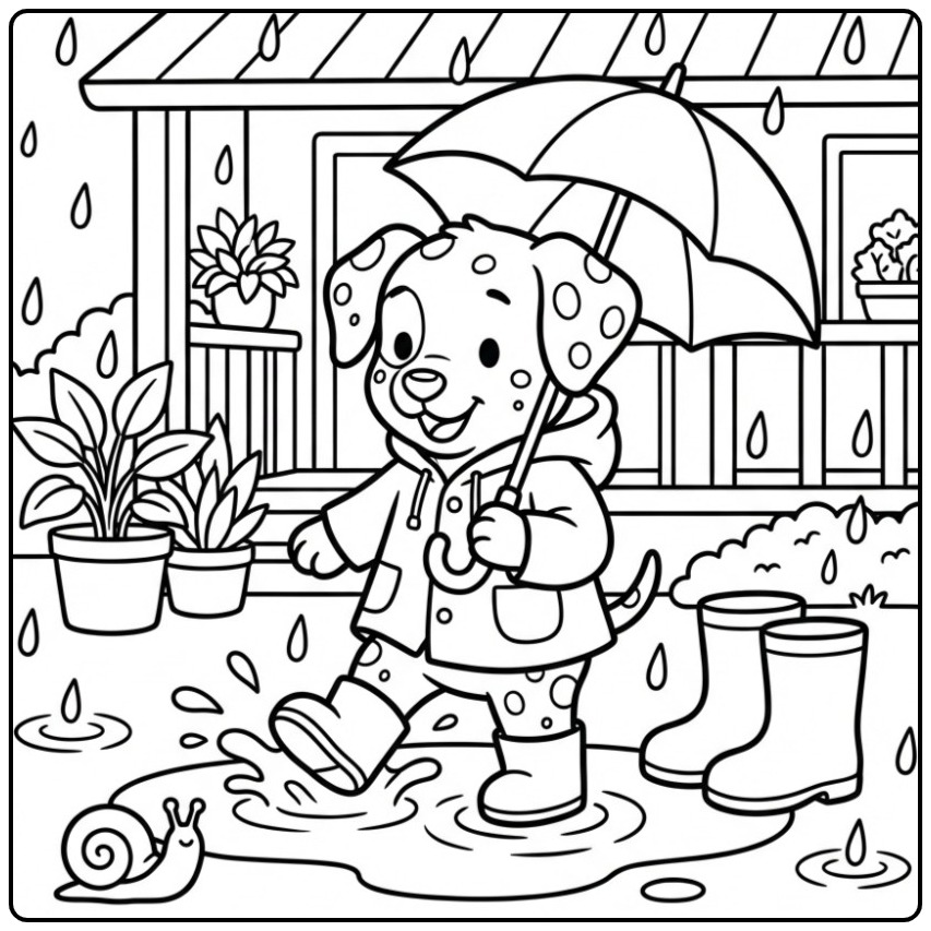 Cheerful Dalmatian with a Umbrella in the Rain coloring page