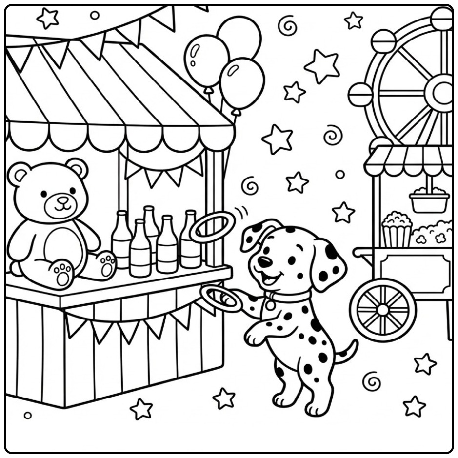 Cheerful Dalmatian on the Fair with a Stall coloring page