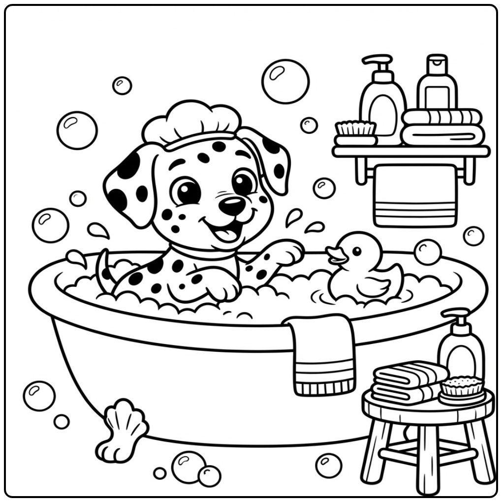 Cheerful Dalmatian Puppy in a Bubble Bath coloring page