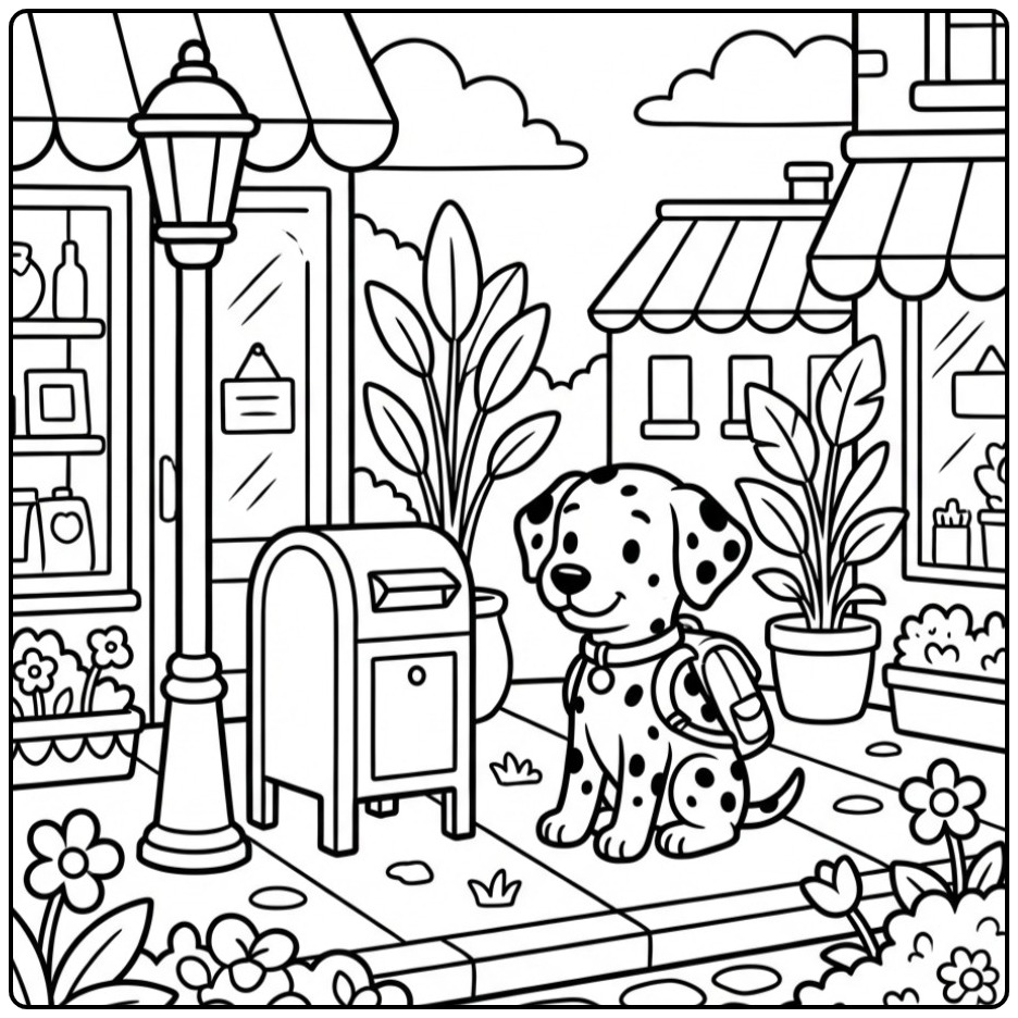 Cheerful Dalmatian Waiting on the Sidewalk coloring page
