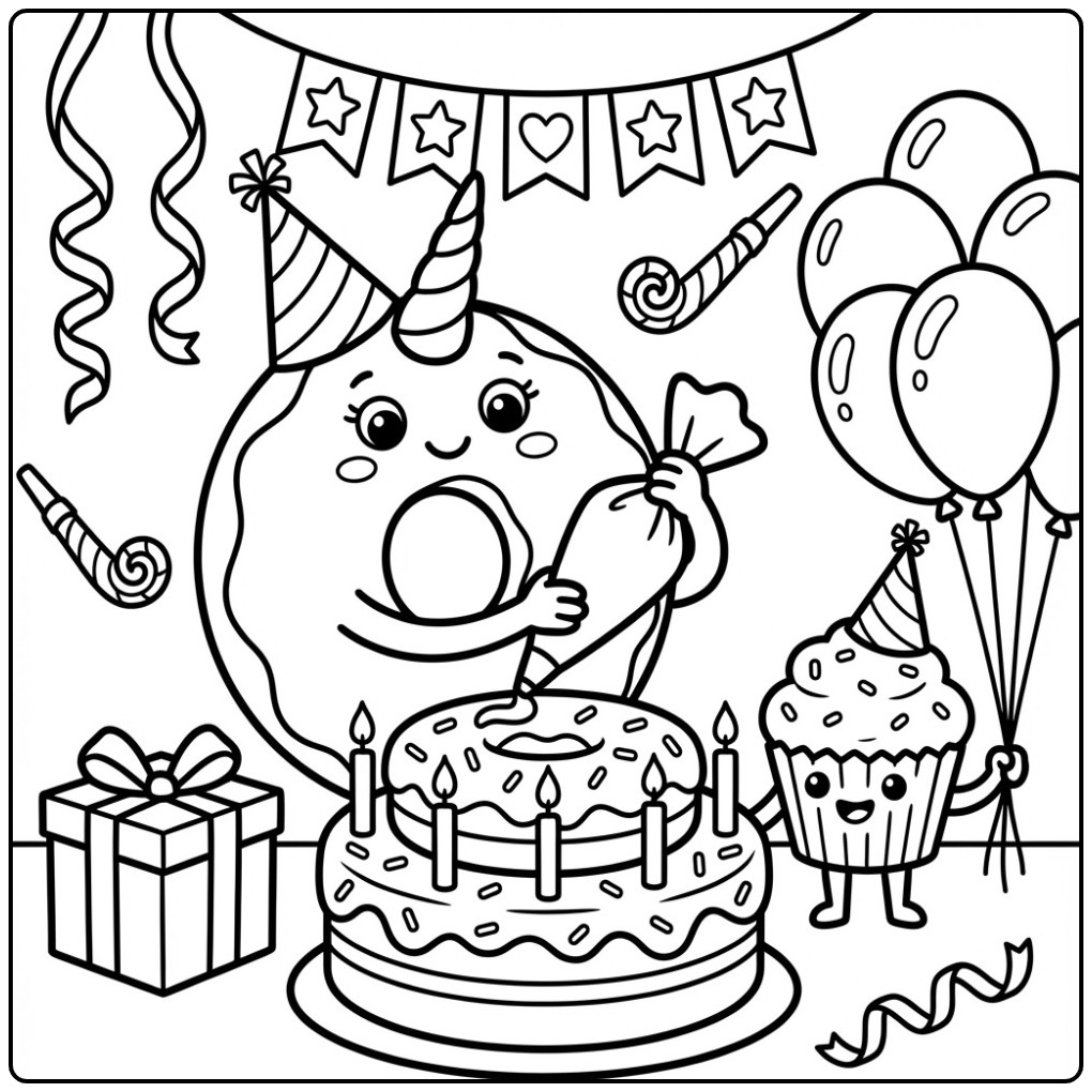 Cheerful Donut Unicorn a Party Celebrating coloring page
