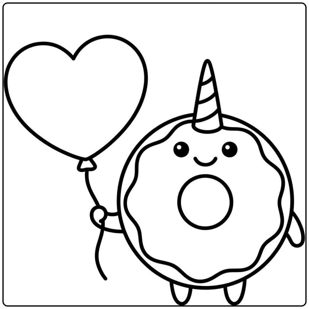 Cheerful Donut Unicorn with a Sweet Heart Balloon coloring page