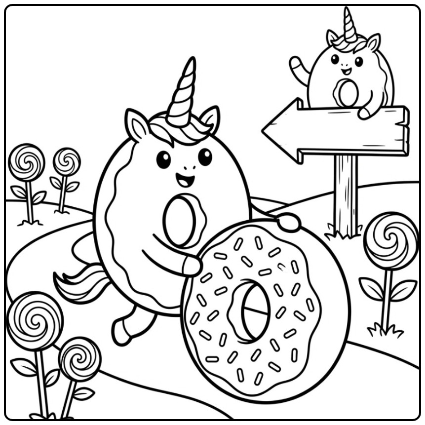 Cheerful Donut Unicorn with a Friend in Candy Land coloring page