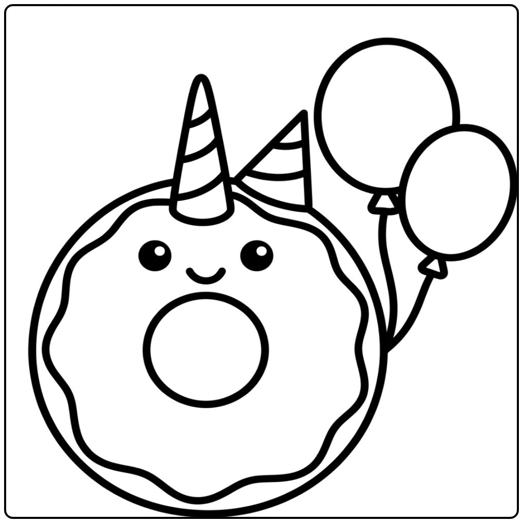 Cheerful Donut Unicorn with Festive Balloons coloring page