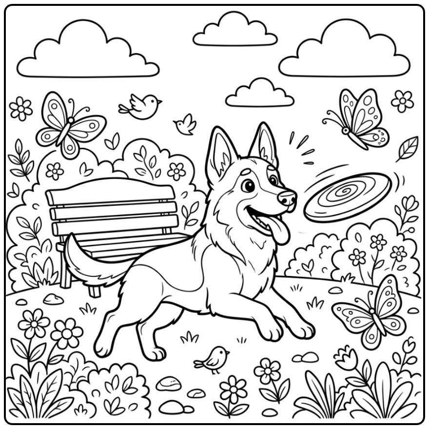 Cheerful German Shepherd in a Sunny Park coloring page