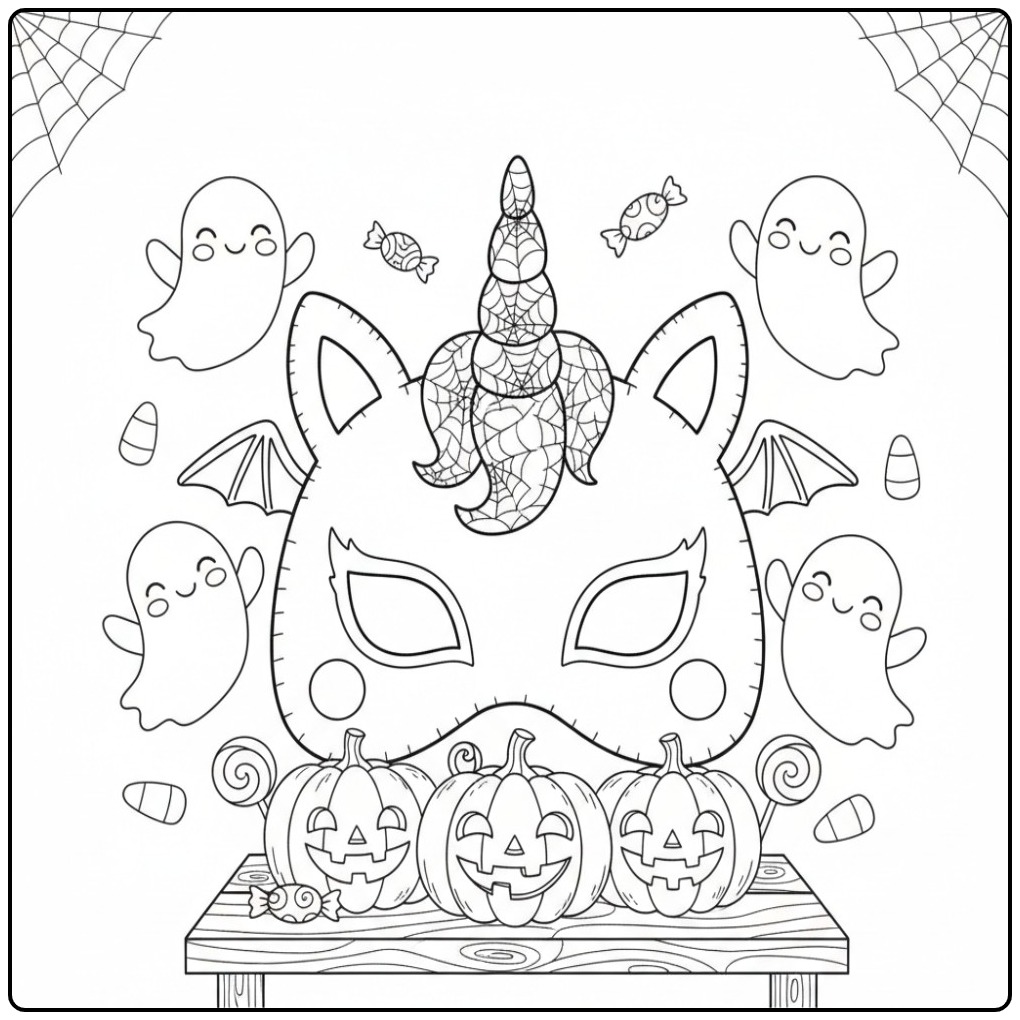Cheerful Unicorn Mask for Halloween Fun coloring page