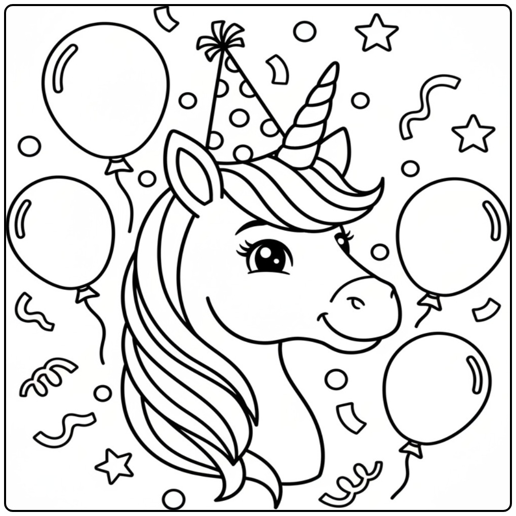 Cheerful Unicorn Head for a Birthday Party coloring page