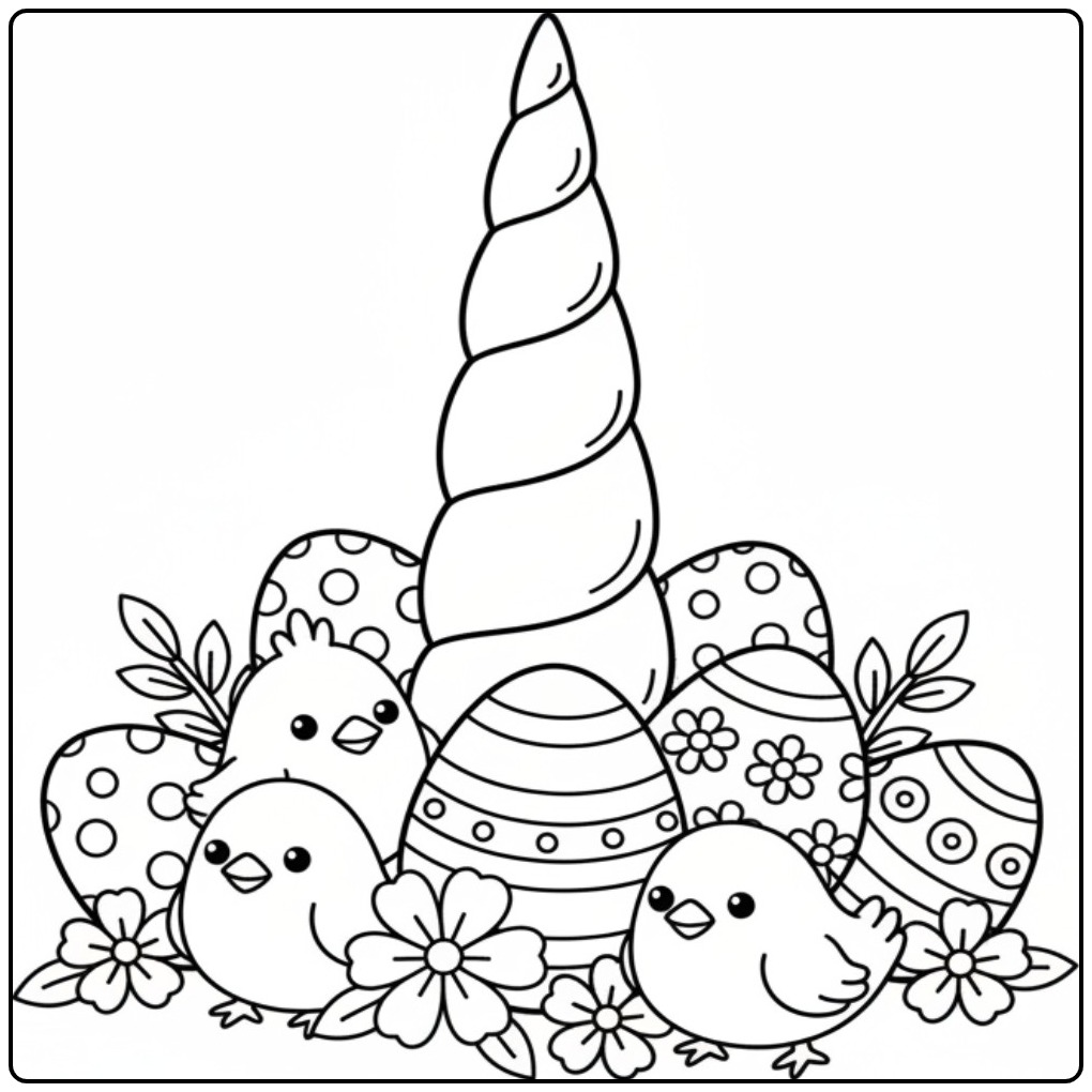 Cheerful Unicorn Horn Easter Among the Eggs coloring page