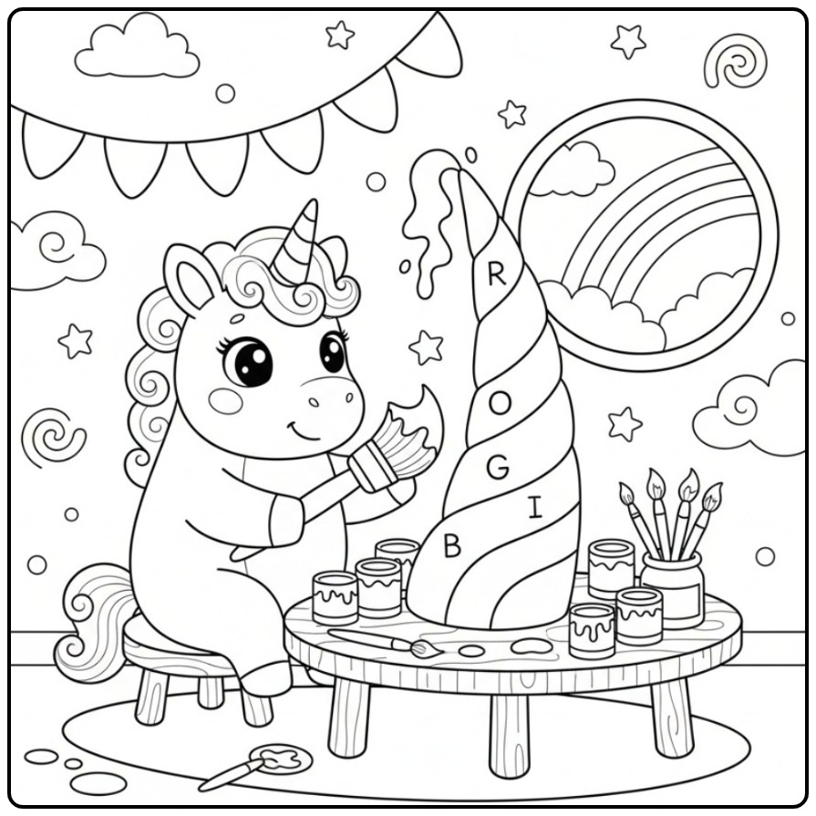 Cheerful Unicorn Horn Rainbow with Letters coloring page