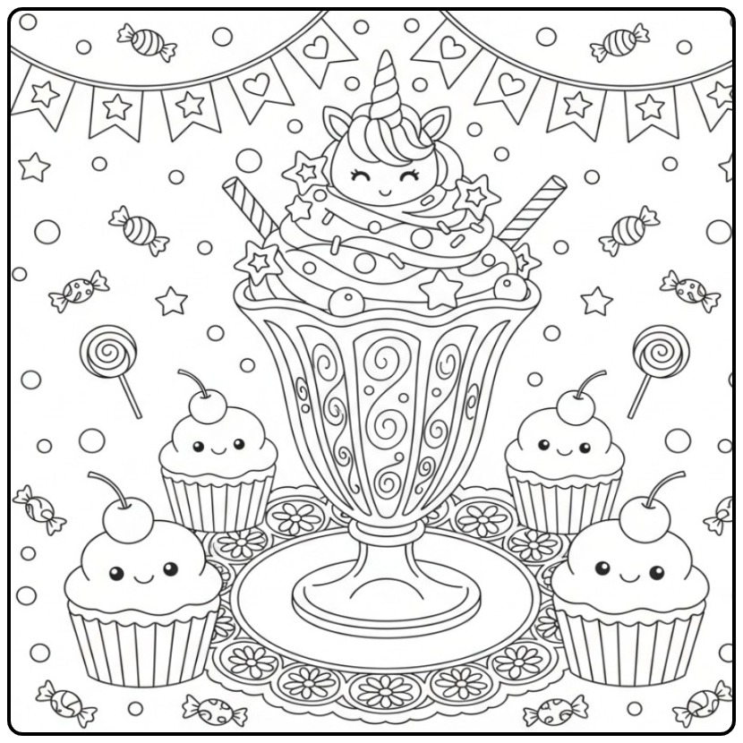 Cheerful Unicorn Sundae in a Glass Cup Surrounded by Sweet Treats coloring page