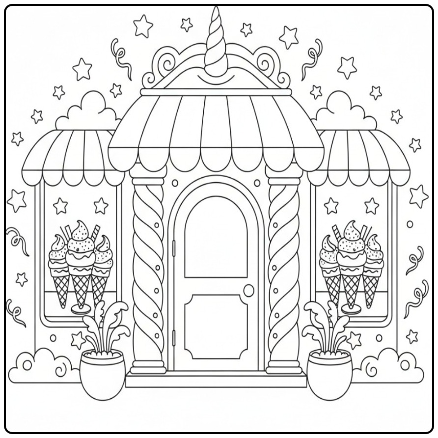 Cheerful Unicorn Ice Cream Parlor a Magical Treat coloring page