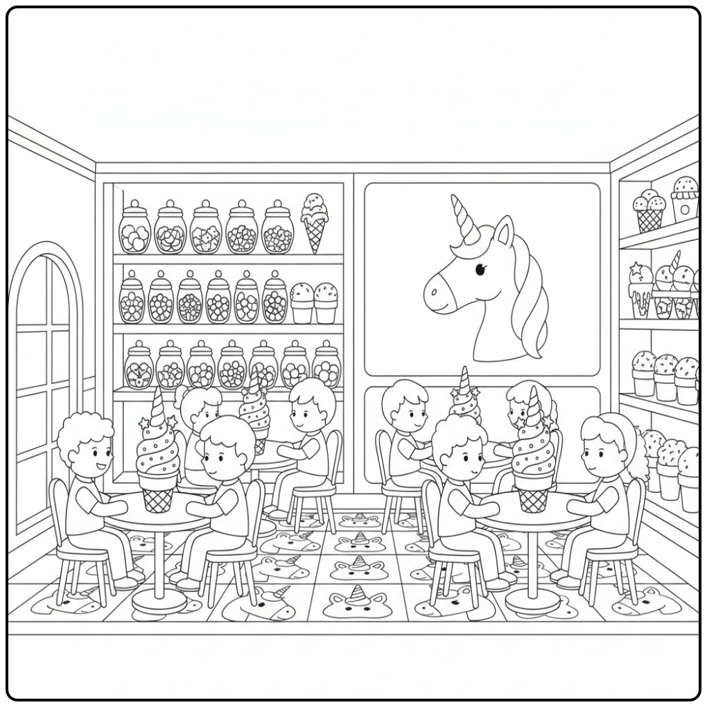 Cheerful Unicorn Ice Cream Parlor Full of Sweet Surprises coloring page
