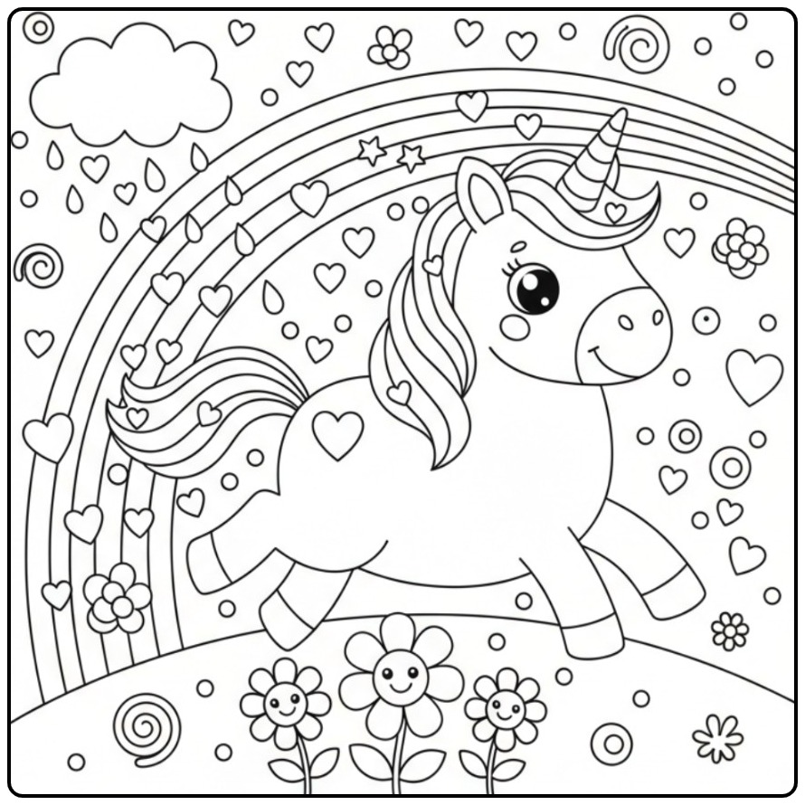 Cheerful Unicorn with Hearts and Rainbow in the Sky coloring page