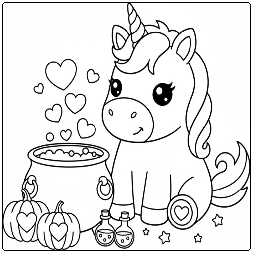 Cheerful Unicorn with Hearts for Halloween Adventure coloring page