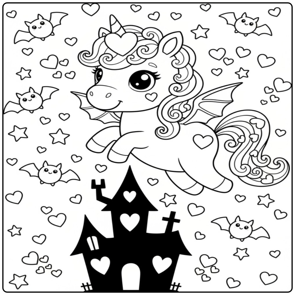 Cheerful Unicorn with Hearts for Halloween and Bats coloring page