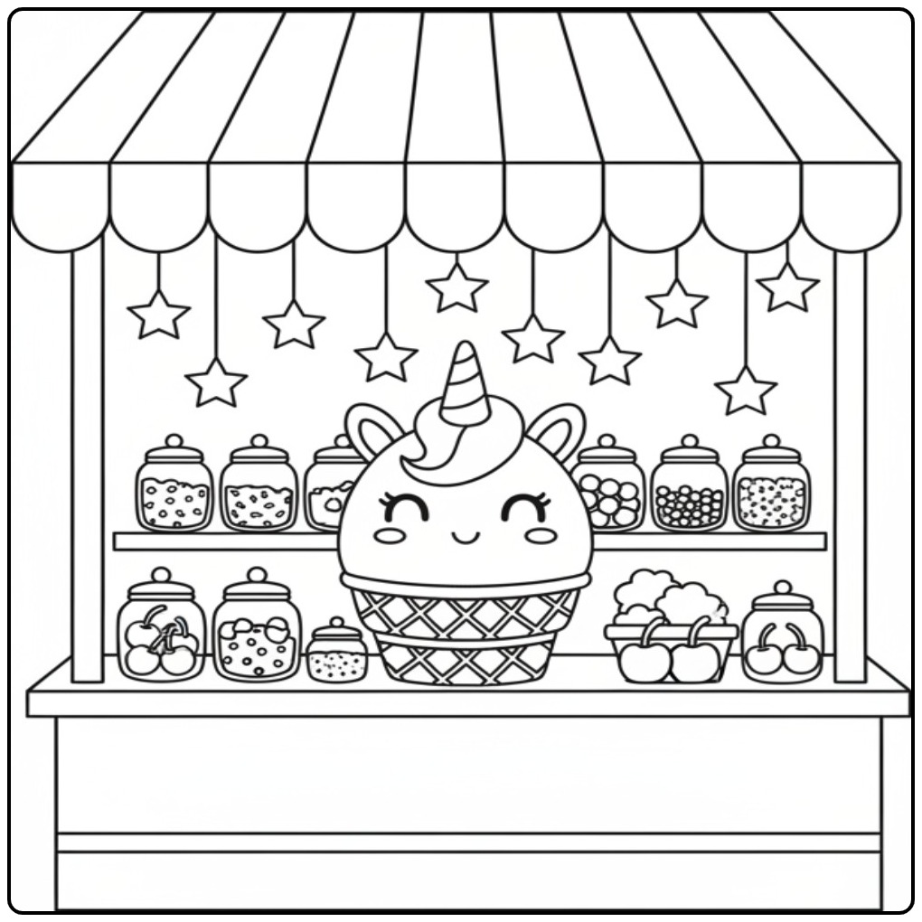 Cheerful Unicorn with Ice Cream in a Cone and Snoepjeskraam coloring page