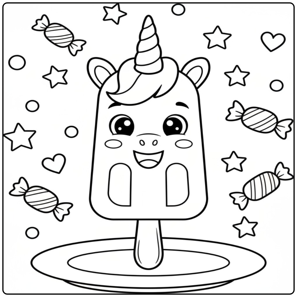 Cheerful Unicorn with Popsicle and Candies coloring page