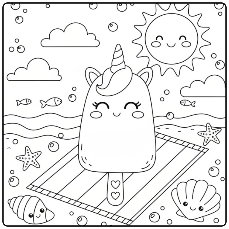 Cheerful Unicorn with Popsicle Beach and Sun coloring page