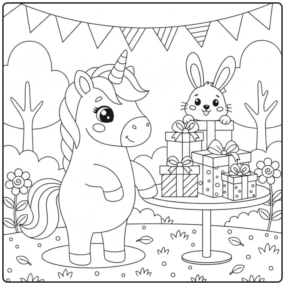 Cheerful Unicorn with Birthday Gifts Outside coloring page