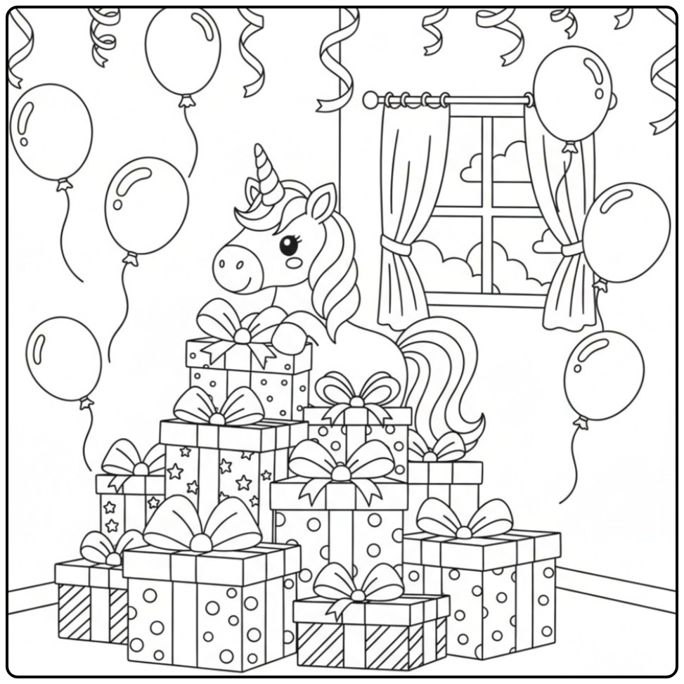 Cheerful Unicorn with Birthday Gifts and Streamers coloring page