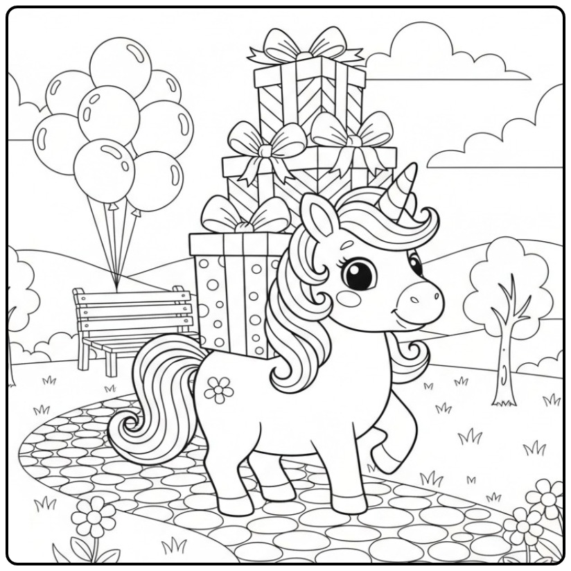 Cheerful Unicorn with Birthday Gifts in a Park coloring page