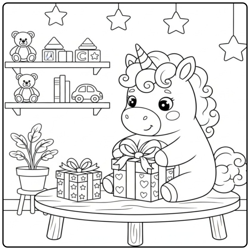 Cheerful Unicorn with Birthday Gifts coloring page