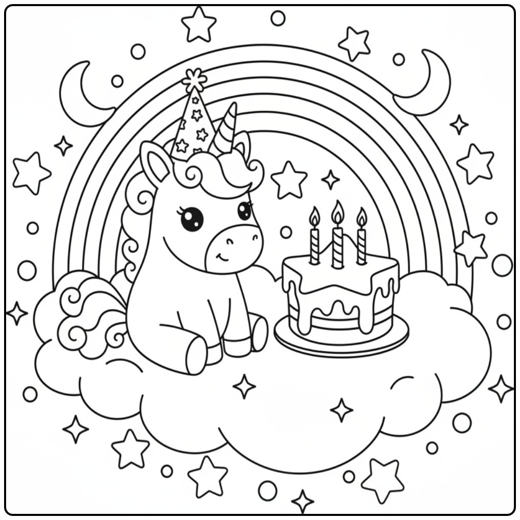 Cheerful Unicorn with Birthday Cake and Rainbow coloring page