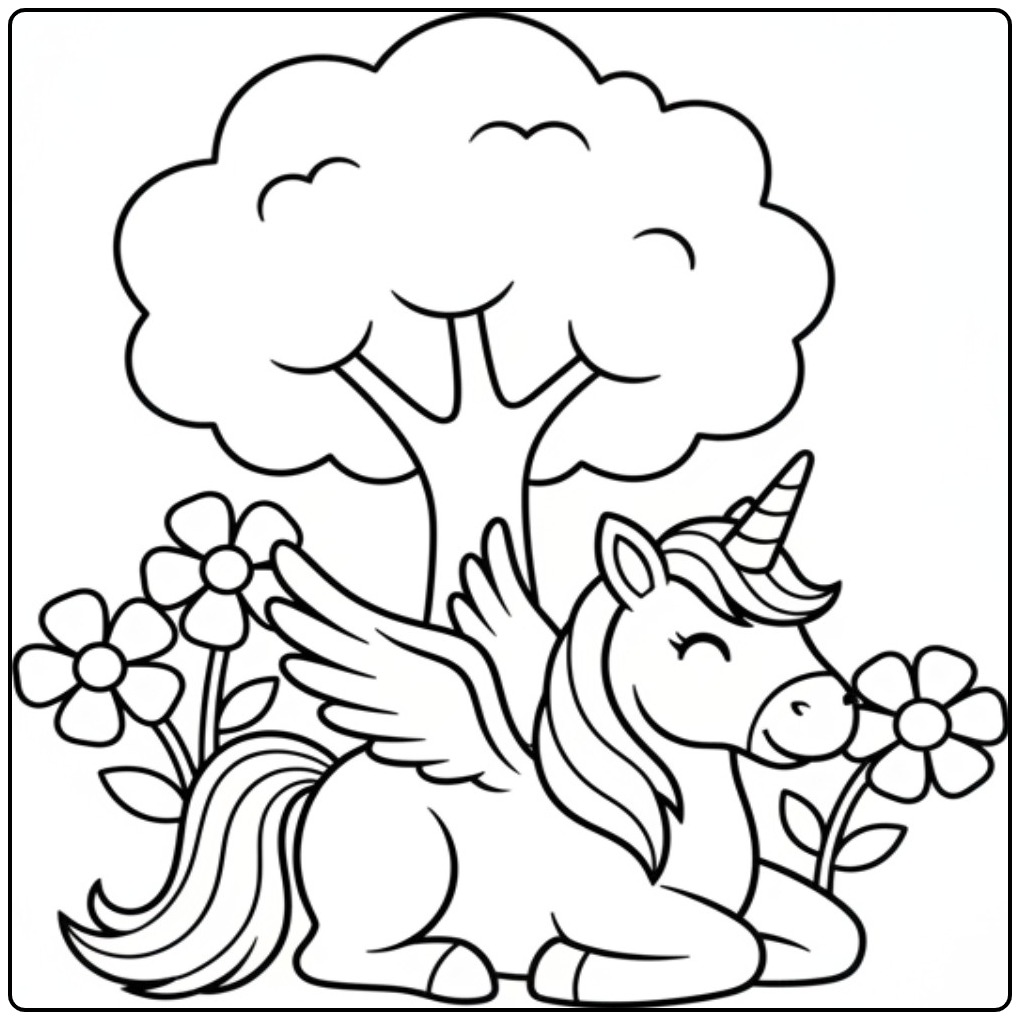 Cheerful Unicorn with Wings Flowers Smelling coloring page