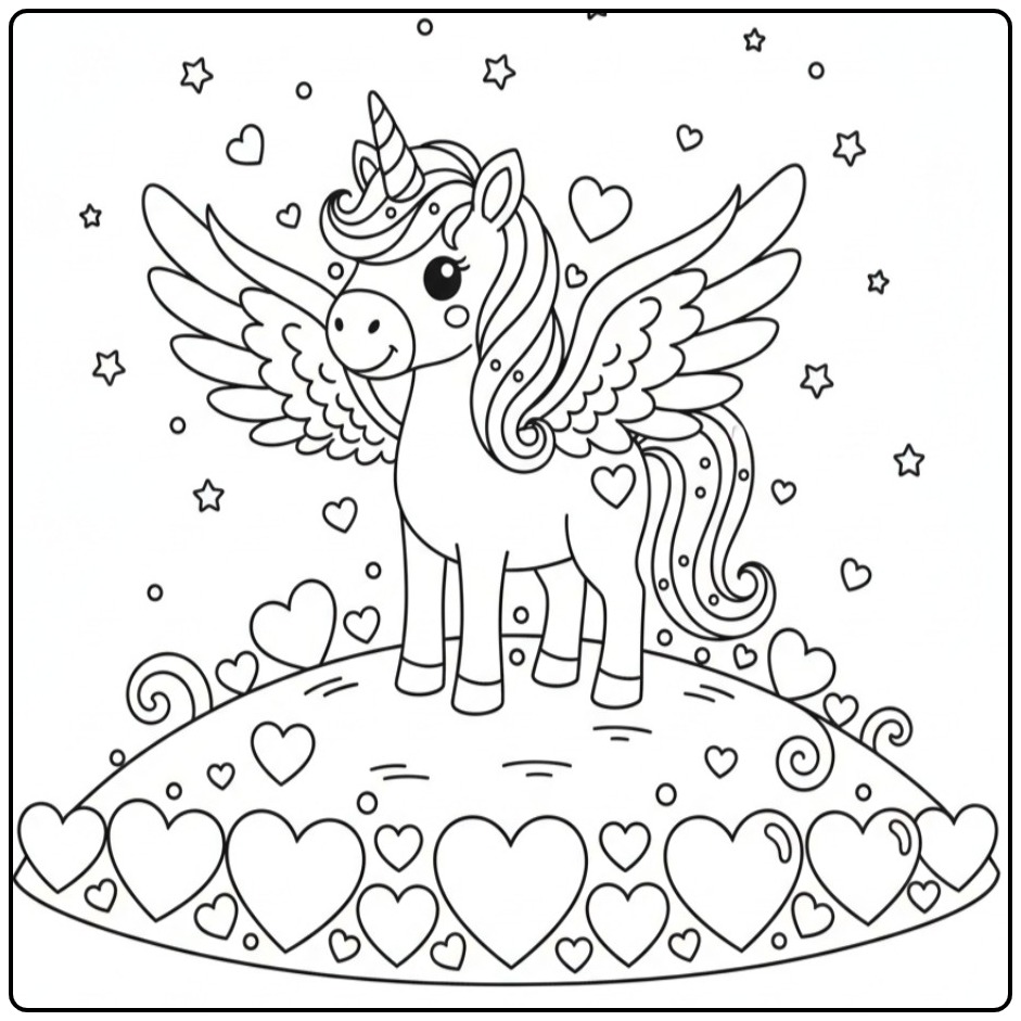 Cheerful Unicorn with Wings and Hearts coloring page
