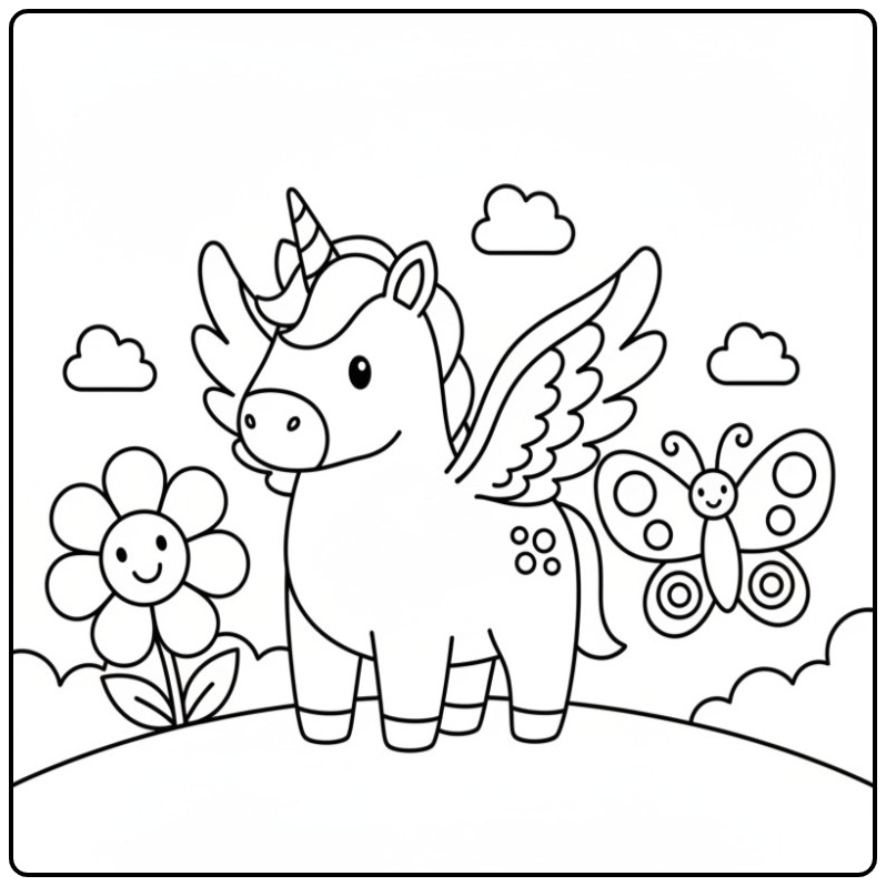 Cheerful Unicorn with Wings in Nature coloring page