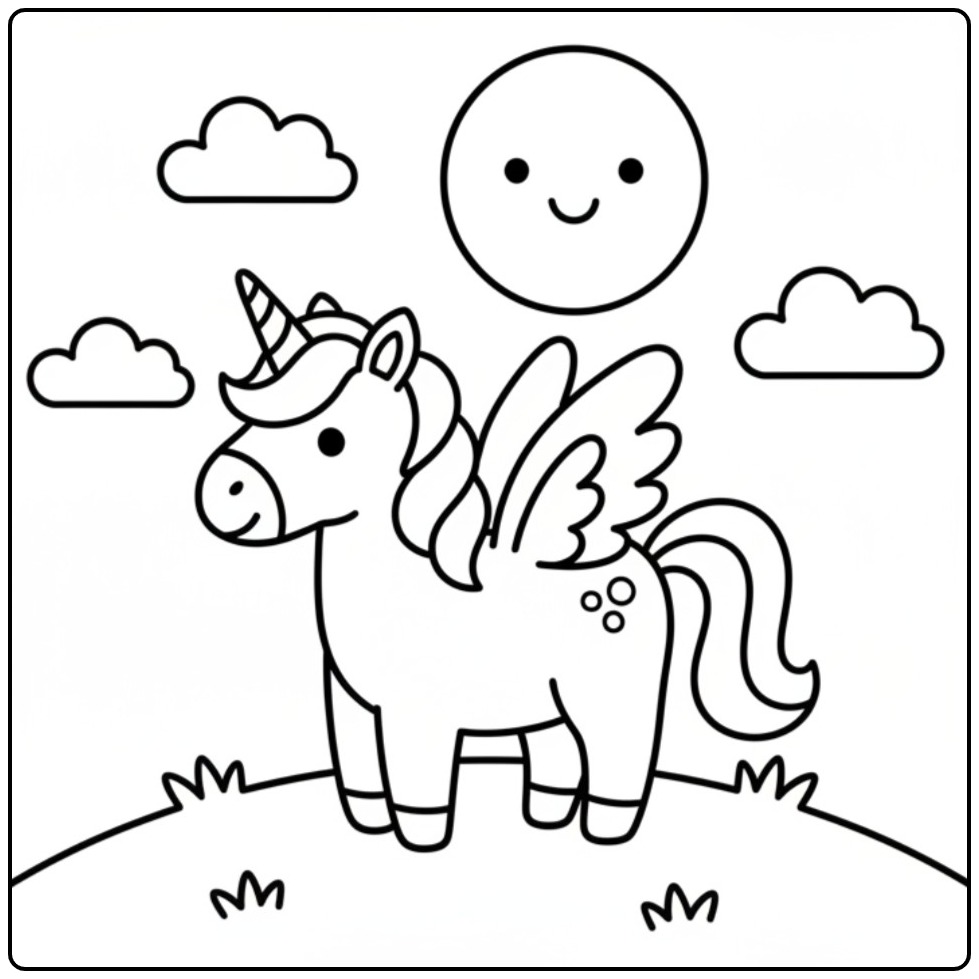 Cheerful Unicorn with Wings coloring page