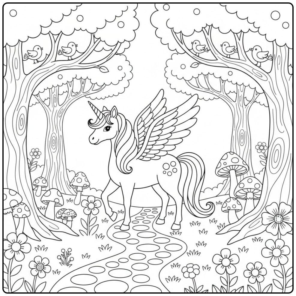 Cheerful Unicorn with Wings Among the Trees coloring page