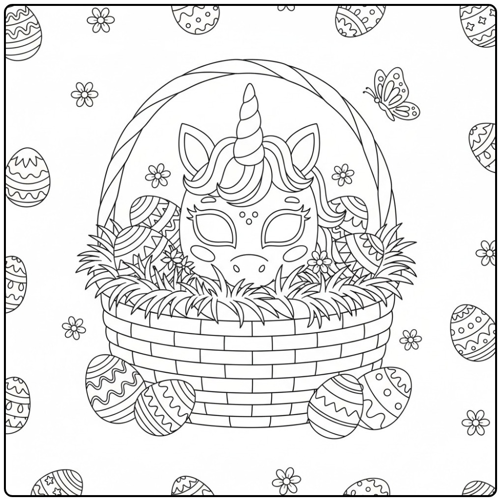 Cheerful Unicorn Mask and Eggs for Easter coloring page