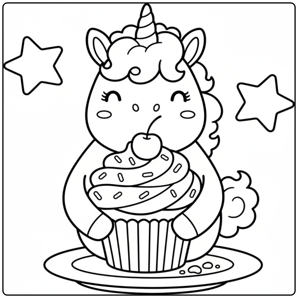 Cheerful Unicorn Cute a Cupcake Eating coloring page