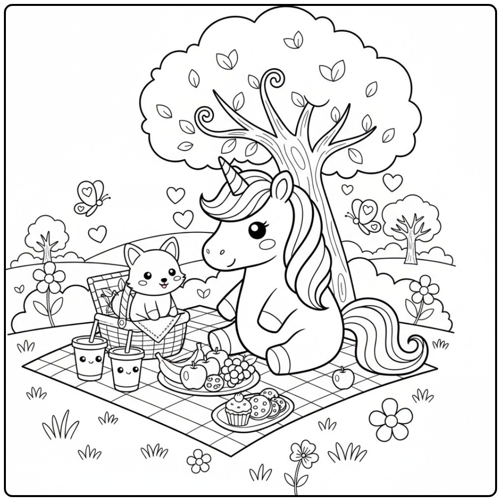 Cheerful Unicorn Cute Cozy Picnicking coloring page