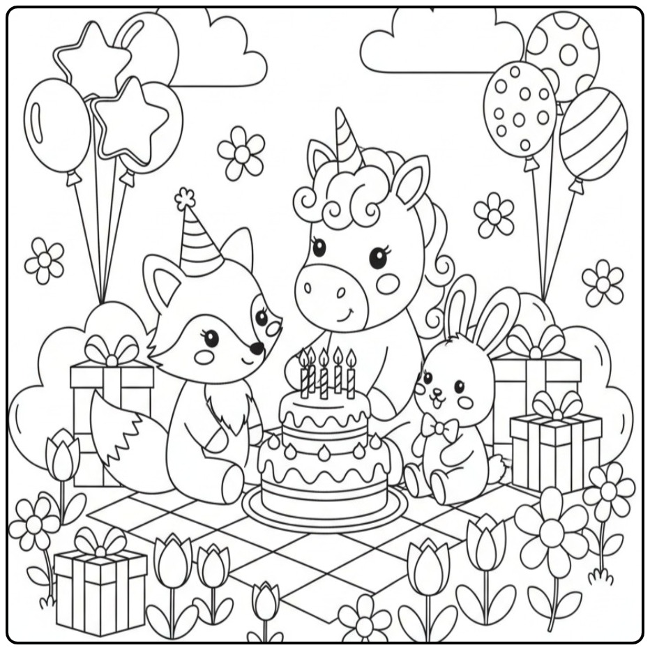 Cheerful Unicorn Birthday Party with Friends coloring page