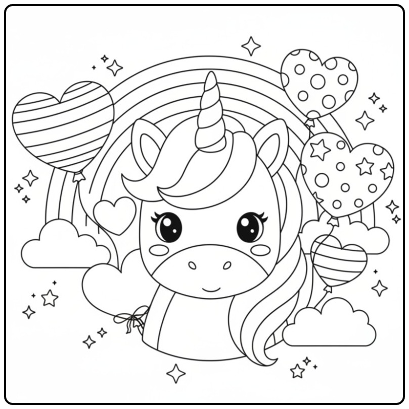 Cheerful Unicorn Hearts Rainbow Castle and Stars coloring page