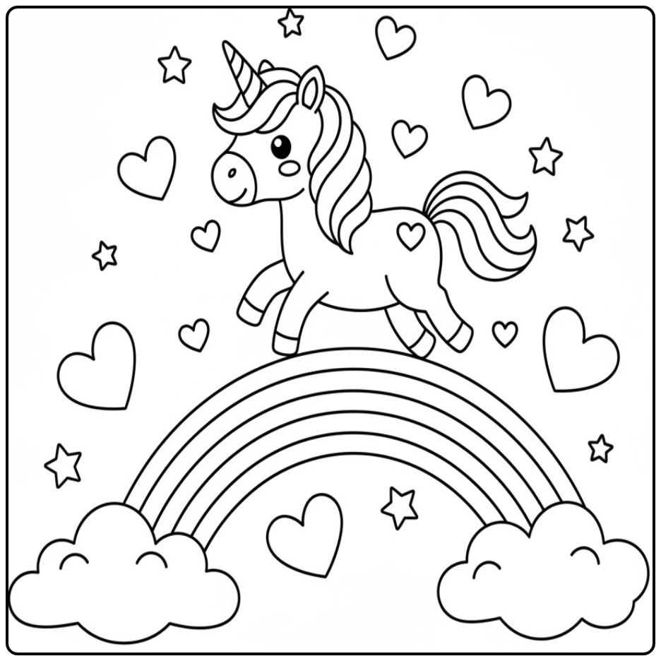 Cheerful Unicorn Hearts Rainbow Castle coloring page