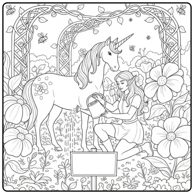 Cheerful Fairy and Unicorn Plants Water Gives coloring page