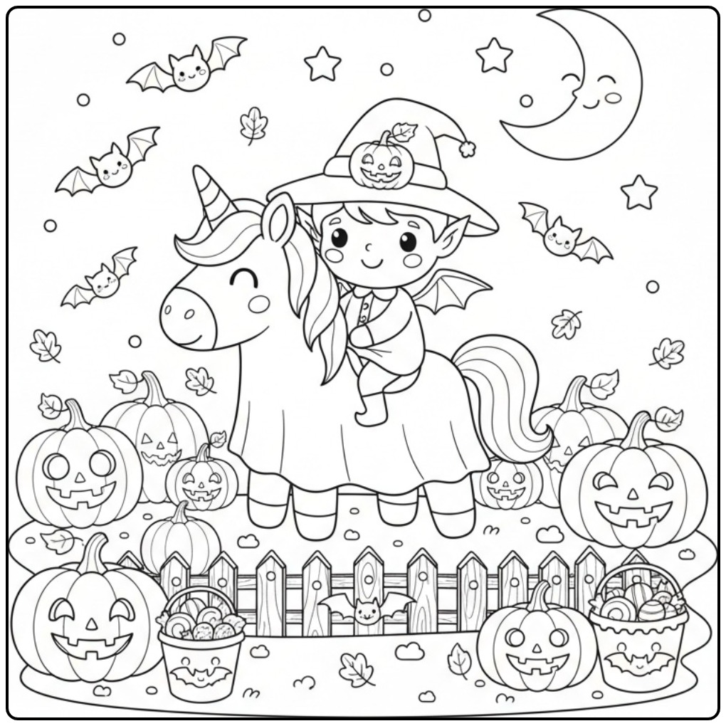Cheerful Fairy and Unicorn Halloween in the Night coloring page