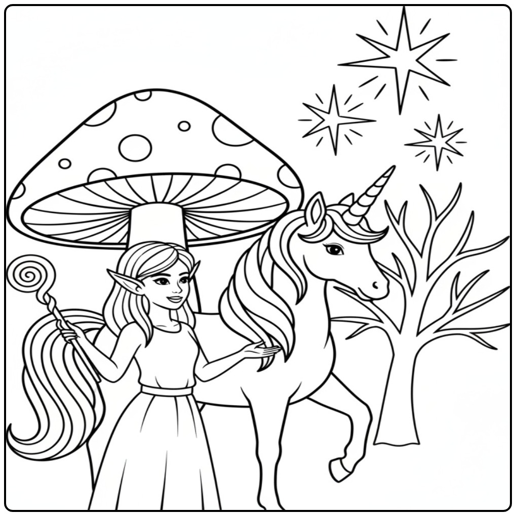 Cheerful Fairy and Unicorn in a Fairy-tale Forest coloring page