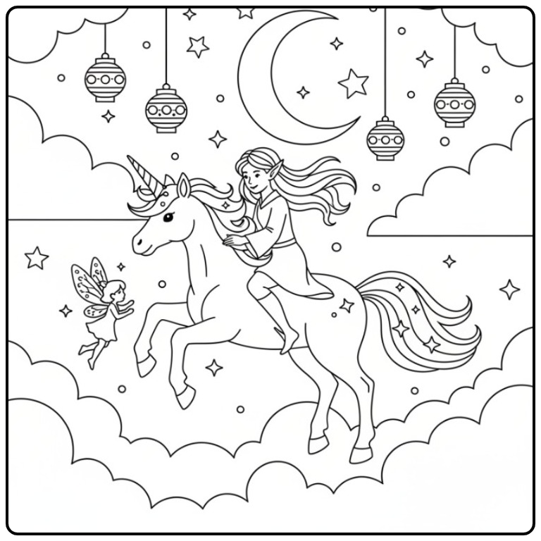 Cheerful Unicorn with a Fairy and the Moon coloring page