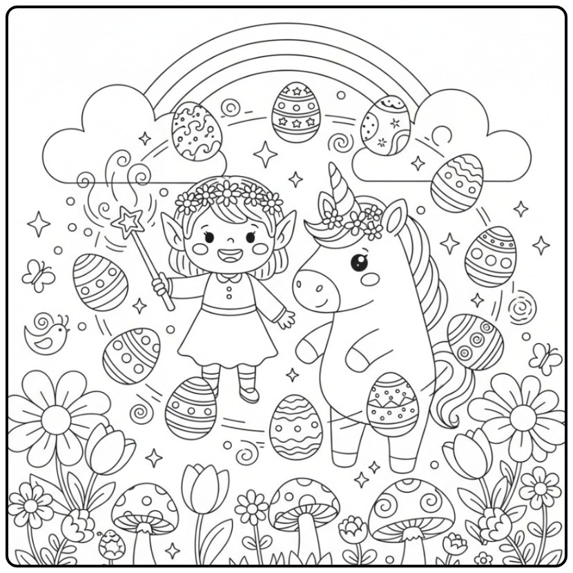 Cheerful Fairy and Unicorn Easter with Rainbow coloring page