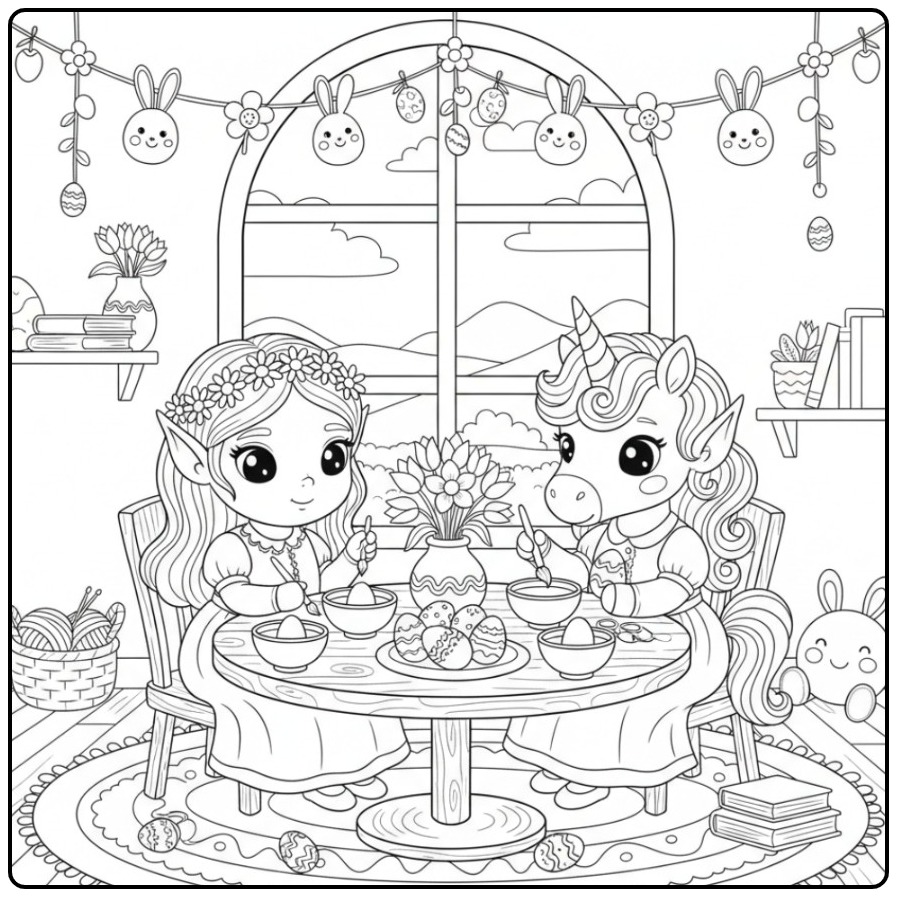 Cheerful Fairy and Unicorn Easter with Decorations coloring page