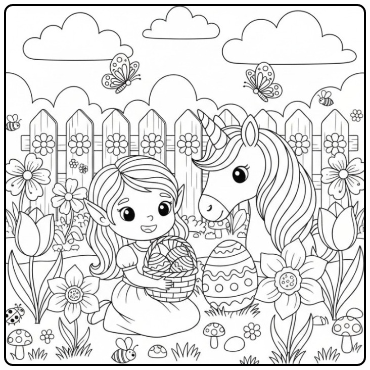 Cheerful Fairy and Unicorn Easter coloring page