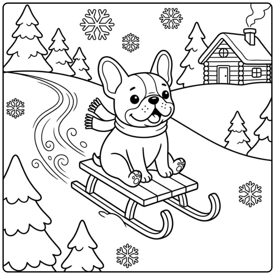 Cheerful French Bulldog Sliding Through the Snow coloring page