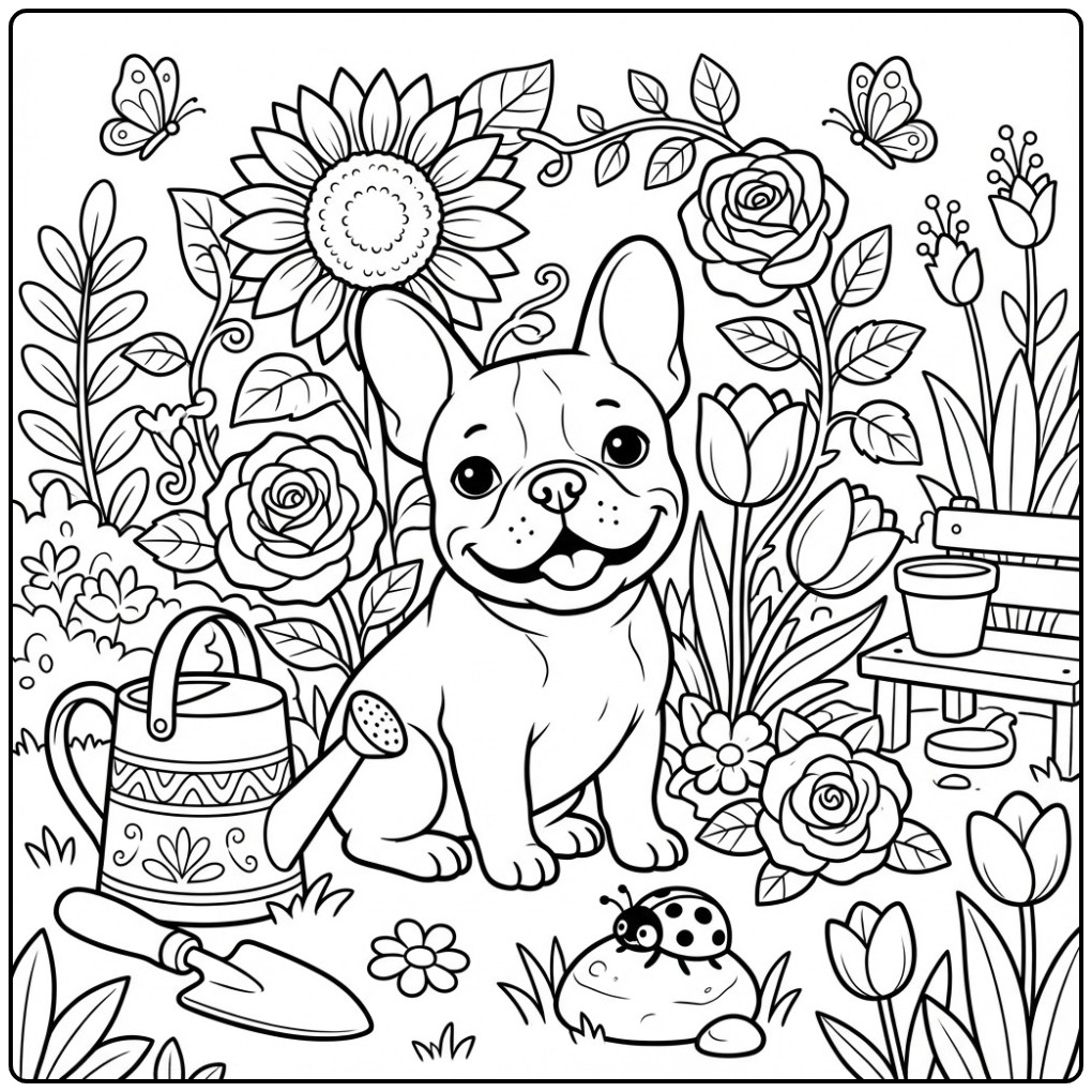 Cheerful French Bulldog in the Garden with a Watering Can coloring page