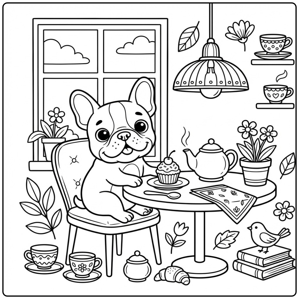 Cheerful French Bulldog in a Cozy Cafe coloring page